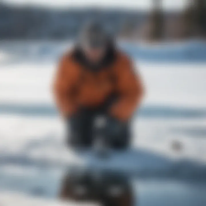 Fisherman drilling hole in ice for ice fishing