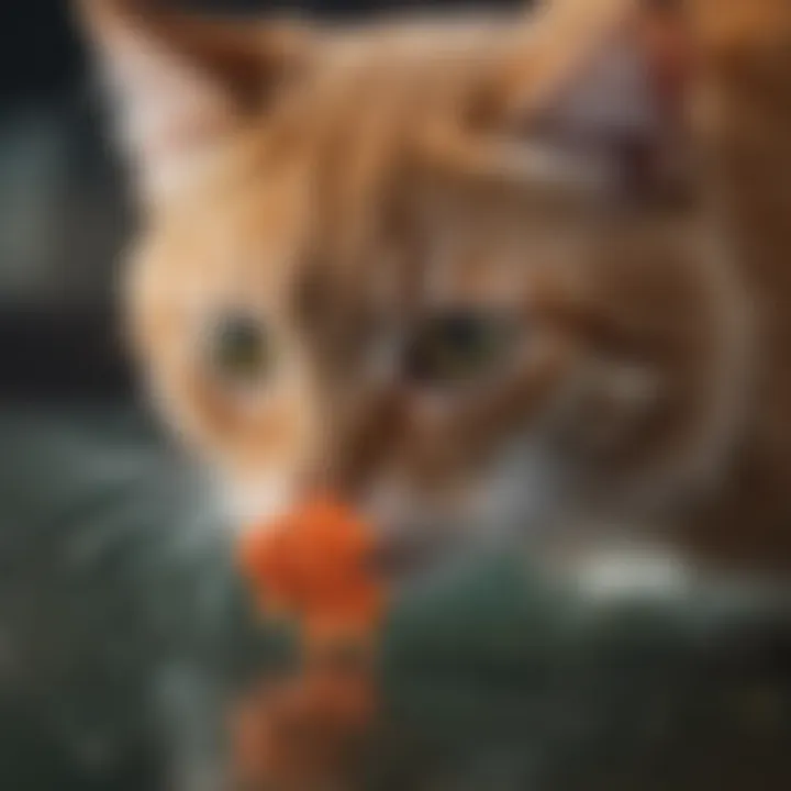 A close-up of a feline companion engaging with a floppy fish cat toy