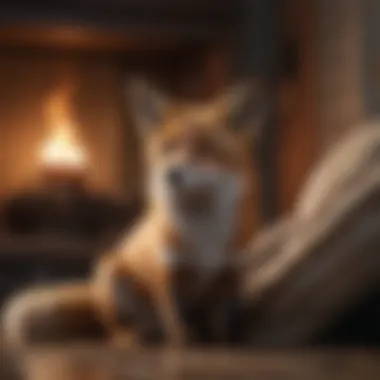 A cozy living space with a fox in a cuddly position