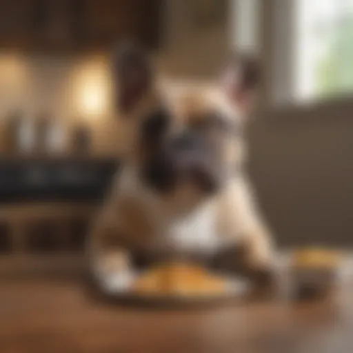 French Bulldog with a bowl of Royal Canin food