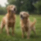 Two Golden Retrievers playing in a lush green field