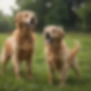 Graceful Golden Retrievers Enjoying Outdoor Playtime Two Golden Retrievers playing in a lush green field