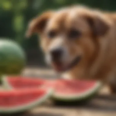 A dog curiously examining a slice of watermelon