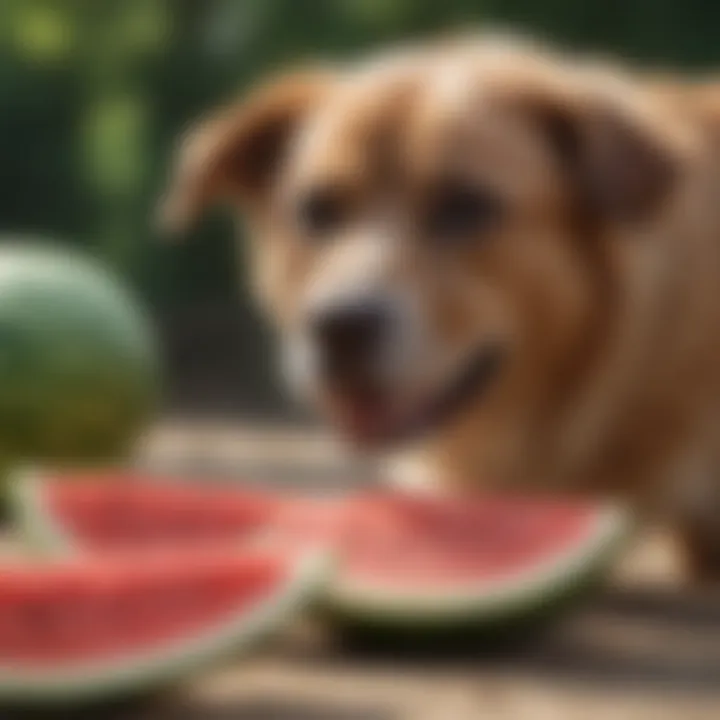A dog curiously examining a slice of watermelon