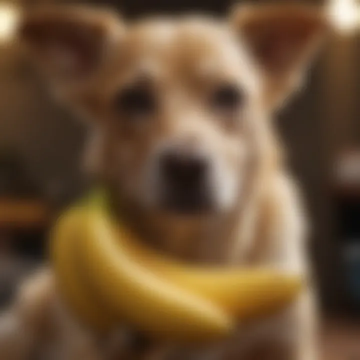 A happy dog enjoying a piece of banana