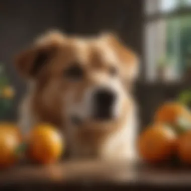 Dog and citrus fruits