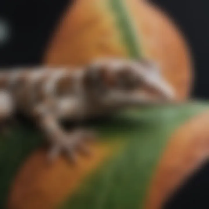 Gecko perched on a leaf with intricate patterns