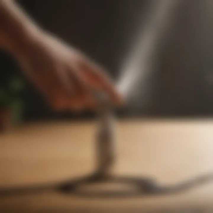 Close-up of a hand gently spraying a cord with a mist