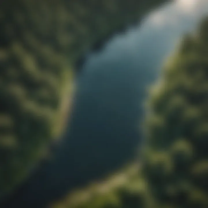 Aerial view of a serene lake surrounded by lush greenery