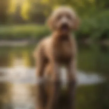 Golden Doodle Poodle Mix enjoying a leisurely walk by a serene lake