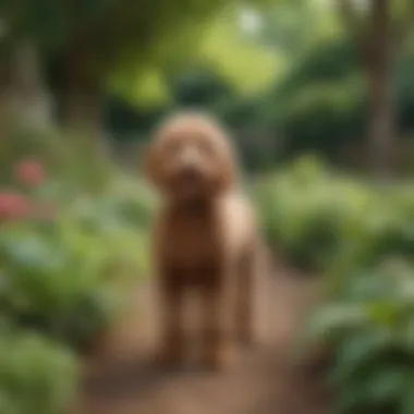Golden Doodle Poodle Mix curiously exploring a lush garden