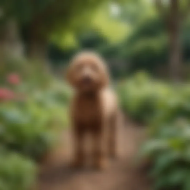 Golden Doodle Poodle Mix curiously exploring a lush garden