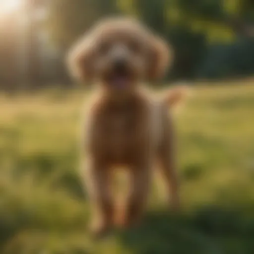 Graceful Golden Doodle Poodle Mix playing in a sunlit meadow