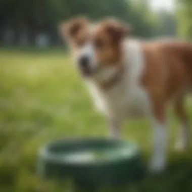 Woman training dog on grass potty