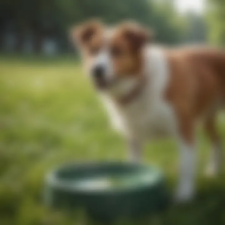 Woman training dog on grass potty