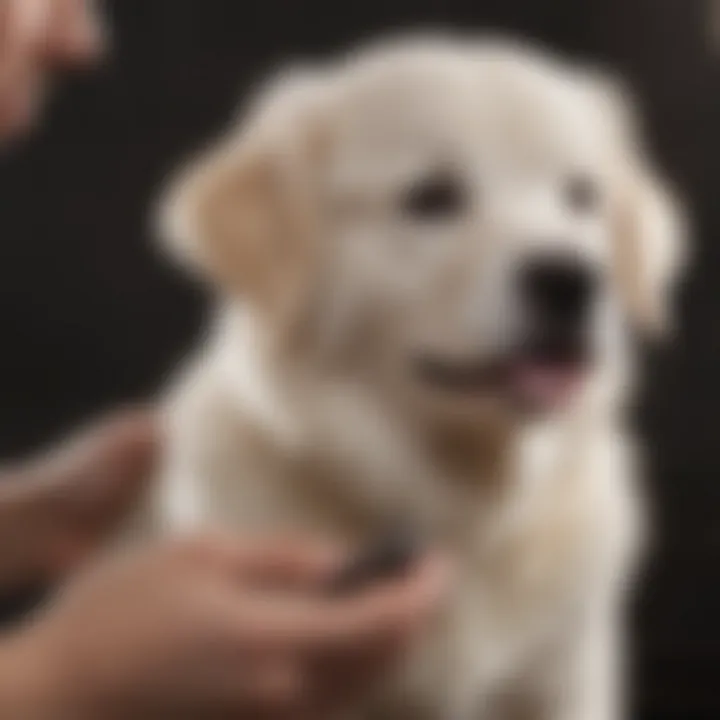 White Golden Retriever Puppy being gently groomed by its owner