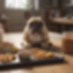 French Bulldog examining dog food options