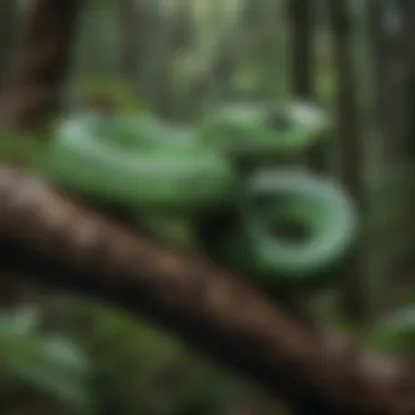 Pit viper coiled around a branch in a dense forest