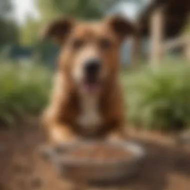 Joyful Canine with Plant-Based Nutrition A happy dog enjoying a bowl of plant-based kibble outdoors