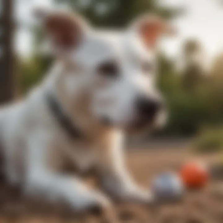 A deaf dog playing happily with a toy