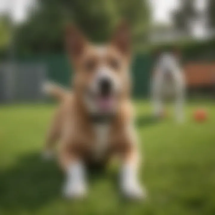 Happy dogs playing freely in astroturf dog park
