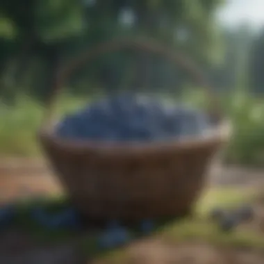 Harvesting basket filled with freshly picked ripe blueberries