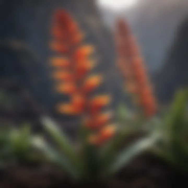 Vibrant Heliconia Flowers Amidst Volcanic Landscape