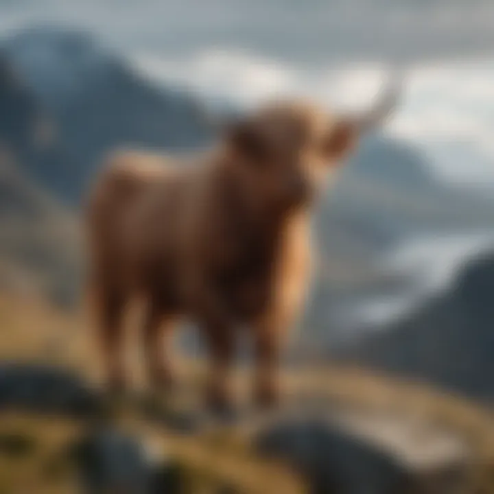 Highland Cattle standing proudly on a rocky cliff overlooking a vast landscape