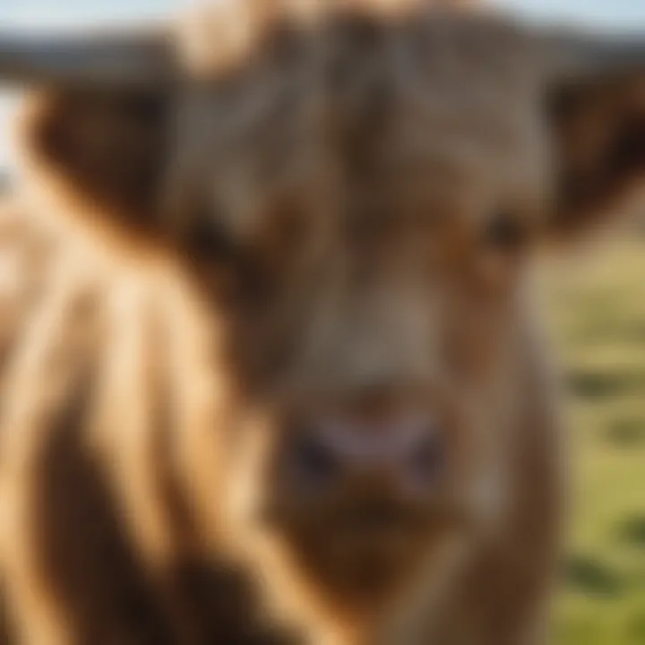 Close-up of Highland Cattle's long, shaggy coat under the sunlight