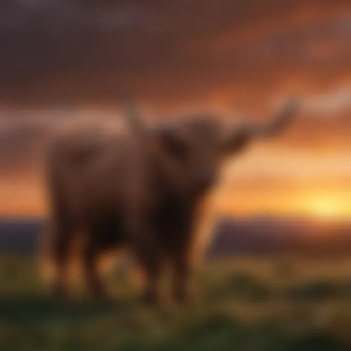 Silhouette of Highland Cattle against a vibrant sunset backdrop