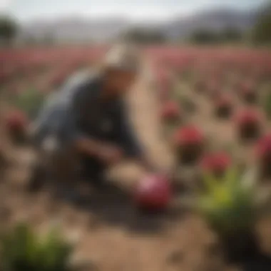 A farmer harvesting dragon fruit in a field