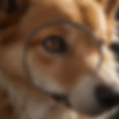 Dog inspecting fur with magnifying glass