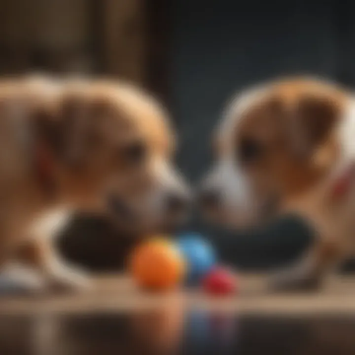 Two dogs playing with a toy together