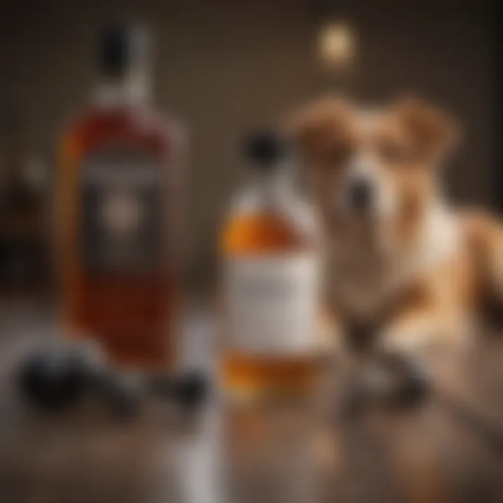 Bottle of alcohol next to a dog grooming kit
