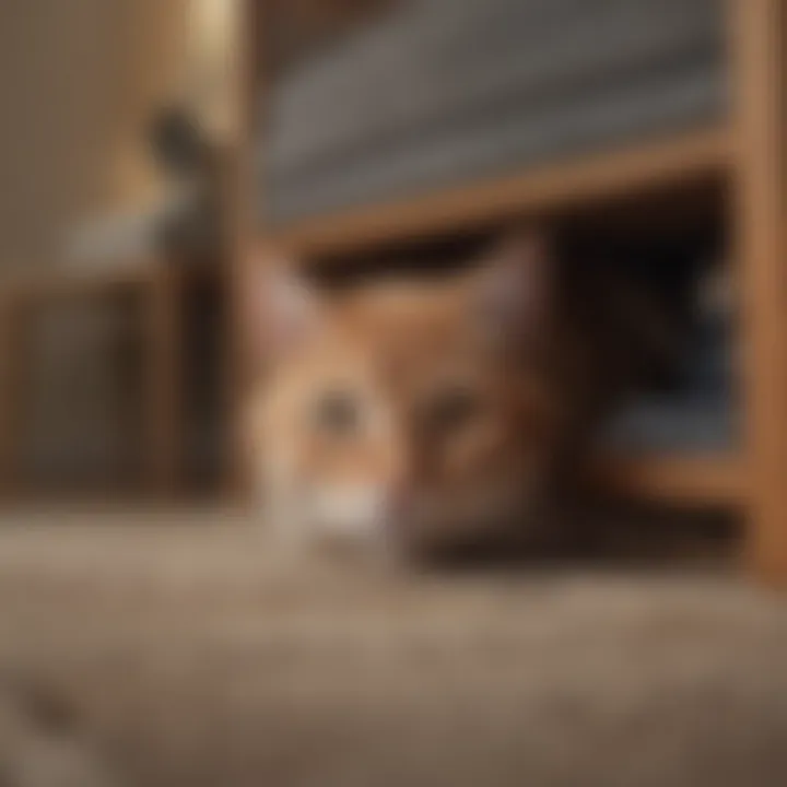 An anxious cat hiding under furniture