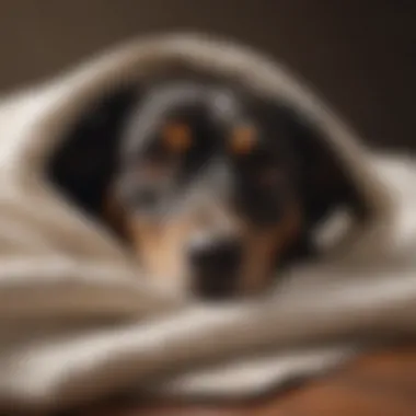 Resting Dog in Need of Pain Relief A close-up of a dog resting with a comforting blanket, illustrating the need for pain relief.