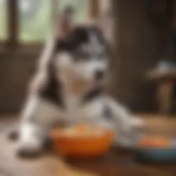 A playful husky puppy with a bowl of nutritious food