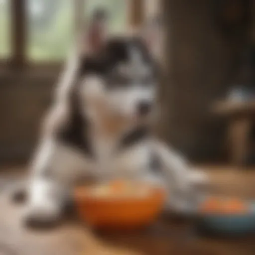 A playful husky puppy with a bowl of nutritious food