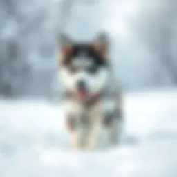 A playful Siberian Husky puppy in a snowy landscape