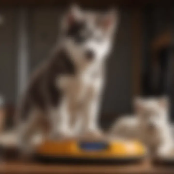 A husky puppy getting weighed to monitor food intake