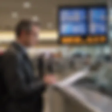 Passenger studying flight details at departure gate in Houston George Bush Intercontinental Airport