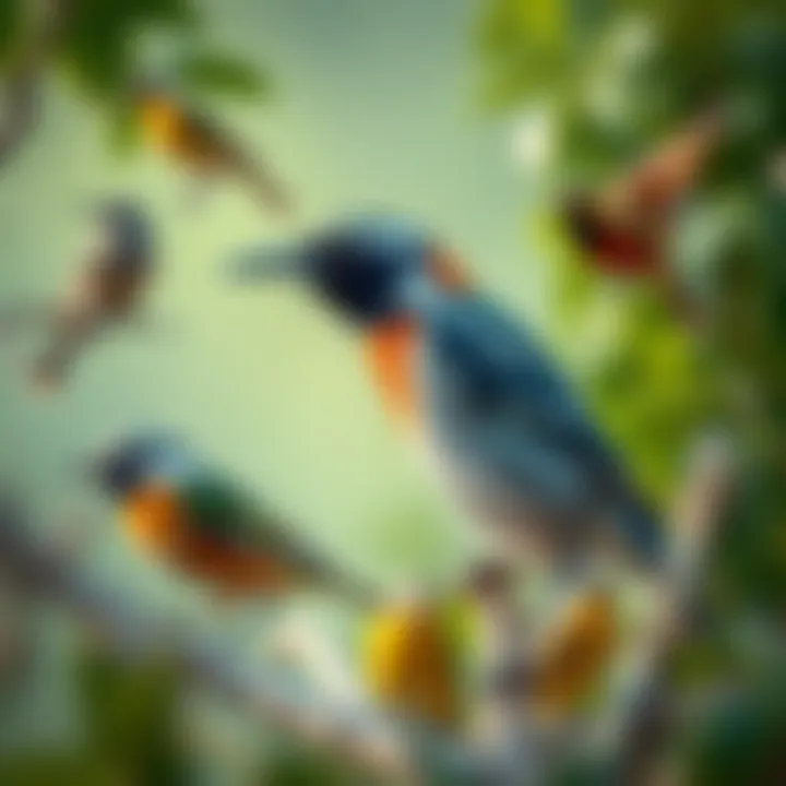A serene landscape habitat featuring diverse bird species in their natural environment