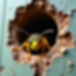 Close-up view of a wasp nest hidden within wall cavities