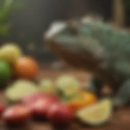 Iguana enjoying a variety of fresh fruits and vegetables