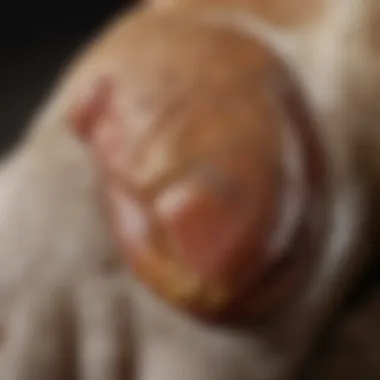 Close-up of inflamed paw pad on a dog