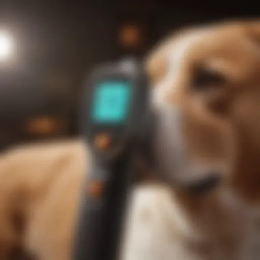 A close-up view of an infrared thermometer used on a dog