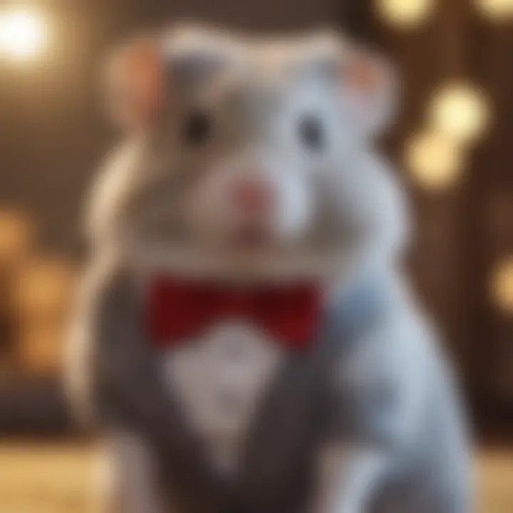 A grey hamster dressed in a dapper bow tie