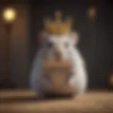 A grey hamster with a crown perched on its head