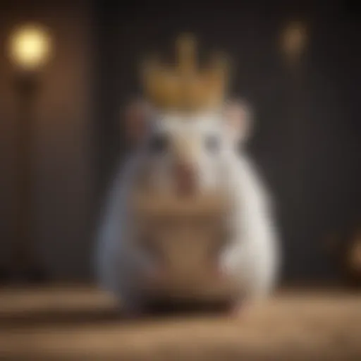 A grey hamster with a crown perched on its head