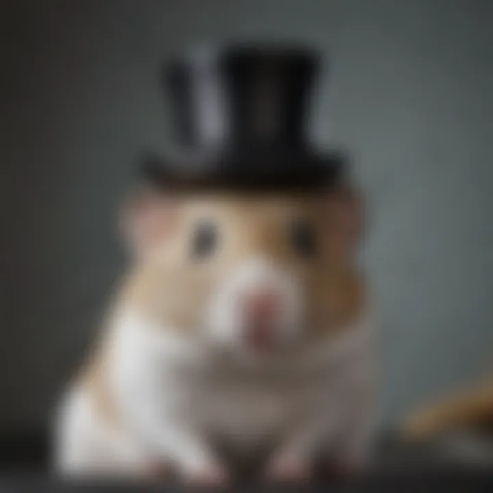 A grey hamster with a tiny monocle and top hat